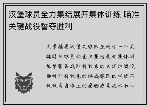 汉堡球员全力集结展开集体训练 瞄准关键战役誓夺胜利