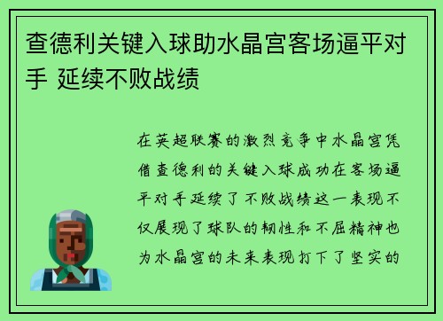 查德利关键入球助水晶宫客场逼平对手 延续不败战绩