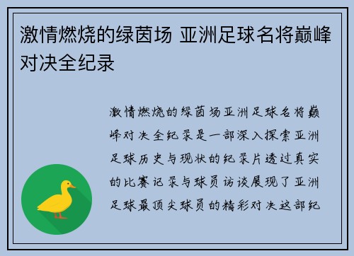 激情燃烧的绿茵场 亚洲足球名将巅峰对决全纪录