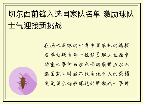 切尔西前锋入选国家队名单 激励球队士气迎接新挑战
