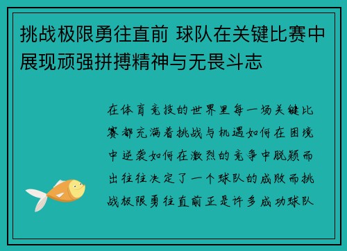 挑战极限勇往直前 球队在关键比赛中展现顽强拼搏精神与无畏斗志