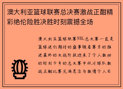 澳大利亚篮球联赛总决赛激战正酣精彩绝伦险胜决胜时刻震撼全场